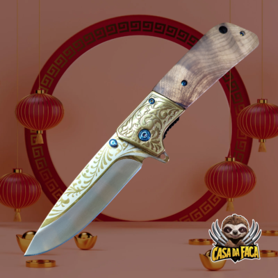 Canivete Dourado Cabo Madeira Semi Automático cj9132